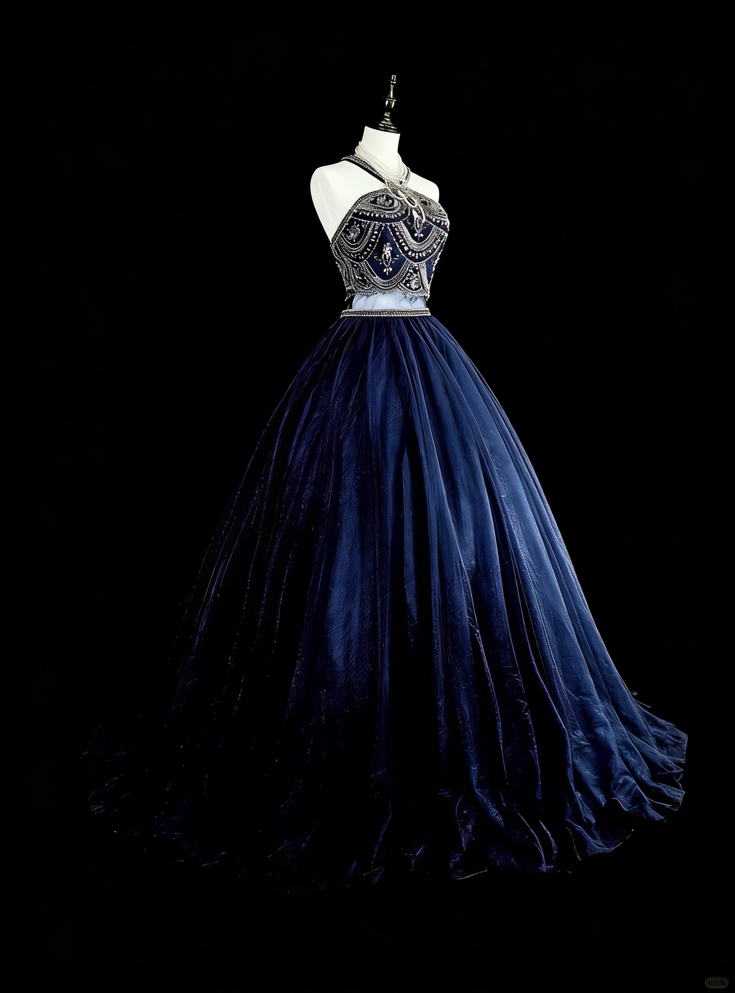 Robe de bal vintage années 70, col montant, tulle bleu marine orné de perles, sans manches, robe de soirée longue et élégante N1485