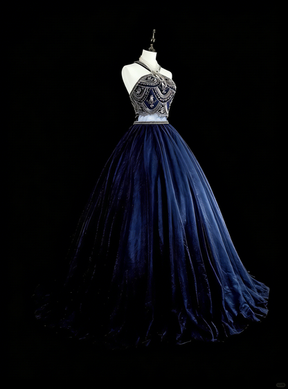 Robe de bal vintage années 70, col montant, tulle bleu marine orné de perles, sans manches, robe de soirée longue et élégante N1485