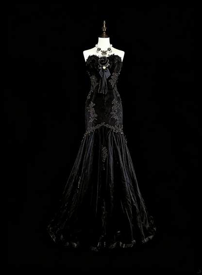 Robes de bal vintage Esthétique sirène Coeur chérie Tulle noir avec appliqués Robe longue de soirée N2157