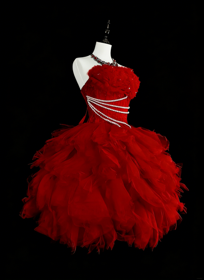 Robe de bal bustier unique en tulle rouge, inspiration mode vintage années 2000, robes de bal de promo courtes, inspiration robes de soirée N2017
