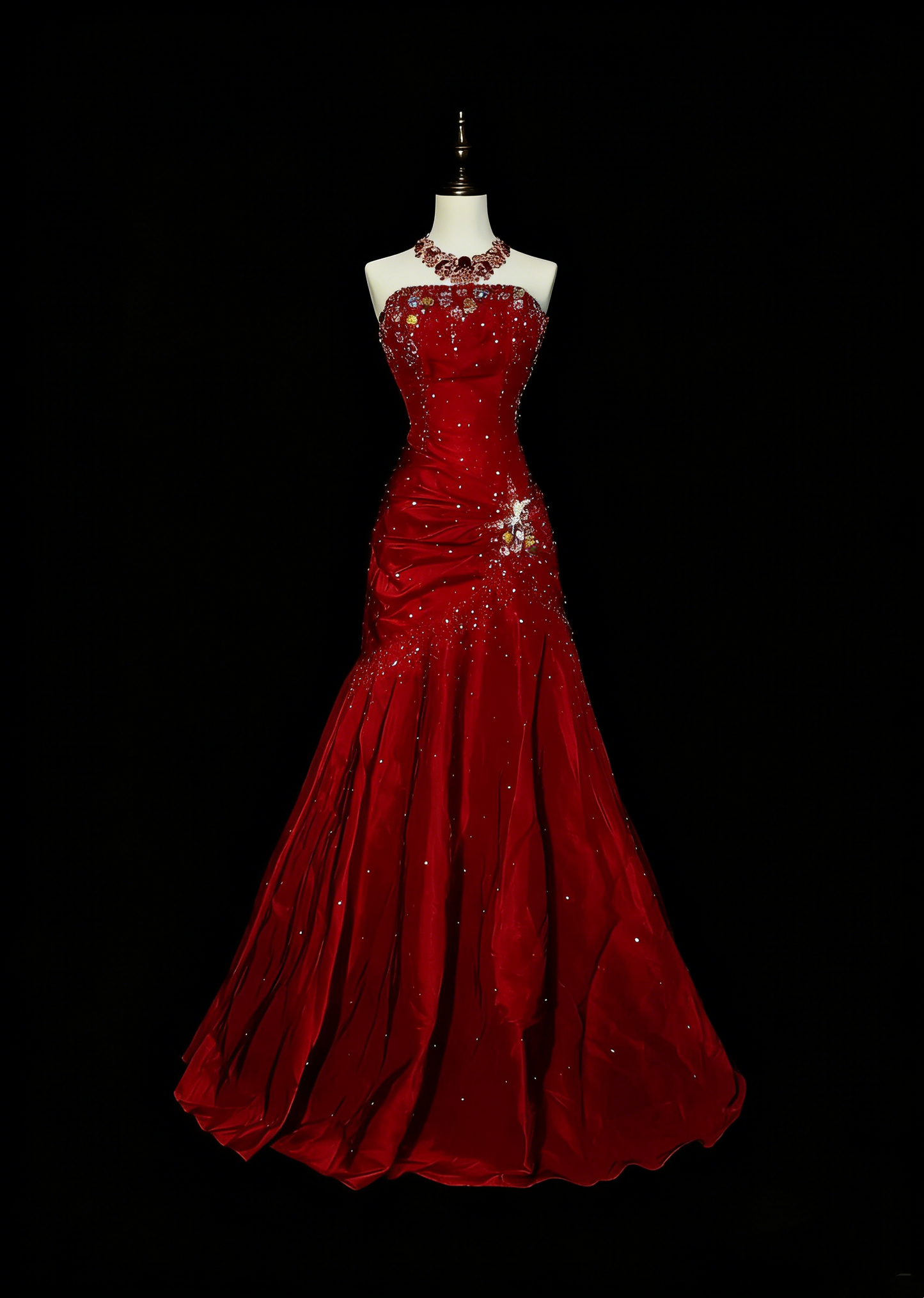 Vintage Mermaid Strapless Red Satin 90s With Beaded Prom Dresses Long Formal Party Gown N1380