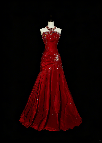 Vintage Mermaid Strapless Red Satin 90s With Beaded Prom Dresses Long Formal Party Gown N1380