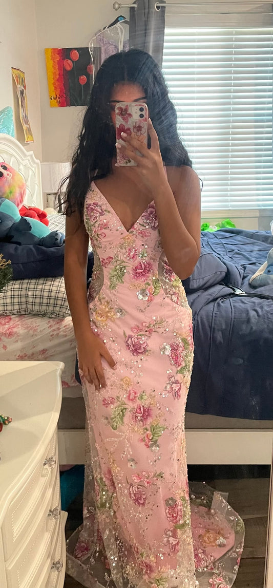 Extravagant Mermaid Straps Pink Floral Sequin Sleeveless Long Prom Dresses Evening Long Formal Dress RB3824