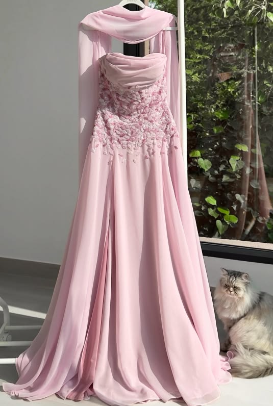 Modest Prom Dresses A Line Strapless Pink Chiffon With Scarf Bridesmaid Long Formal Dress RC1329