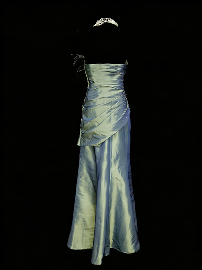 Robe de soirée sirène bustier en satin vert, style modeste, idéale pour les bals de fin d'année des adolescentes (N1147)