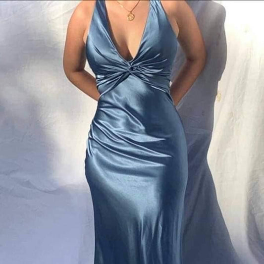 Elegantes, langes Meerjungfrauen-Abendkleid aus rosa Satin mit Neckholder, perfekt für Sommer, Strand, Abschlussball oder Frühlingshochzeit (N1396)