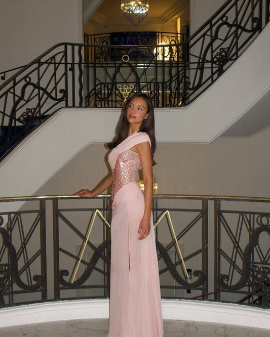 Vintage A-Linie One Shoulder Pink Chiffon Schlitz mit Perlenstickerei Abendkleid Lange Abschlussballkleider N2749