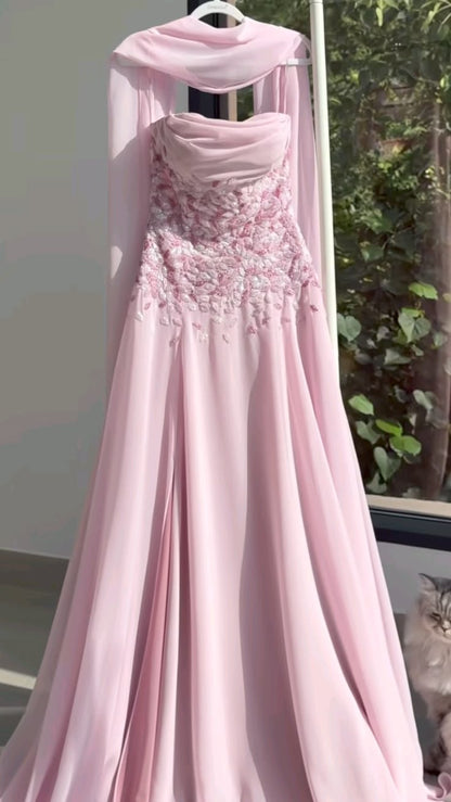 Modest Prom Dresses A Line Strapless Pink Chiffon With Scarf Bridesmaid Long Formal Dress RC1329