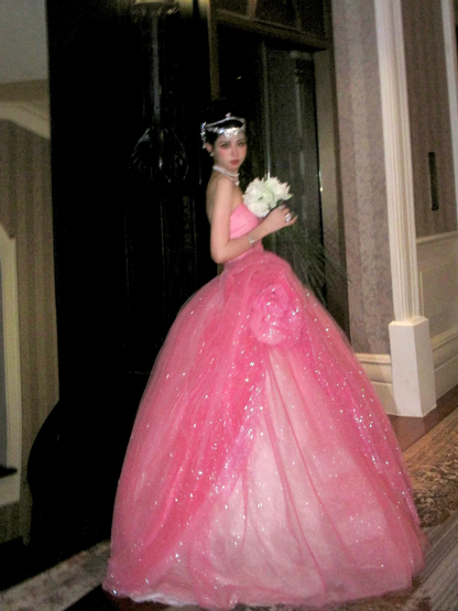 Robe de bal longue rose à paillettes sans bretelles, sans bretelles, idéale pour une quinceañera, un anniversaire de luxe ou une fête de 15 ou 16 ans (N074)
