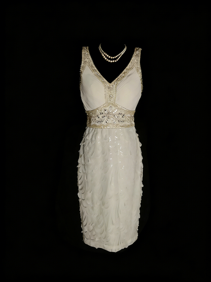 Robe de bal rétro fourreau en dentelle blanche à col en V, courte, idéale pour un 18e anniversaire ou une soirée de retrouvailles (N1309)