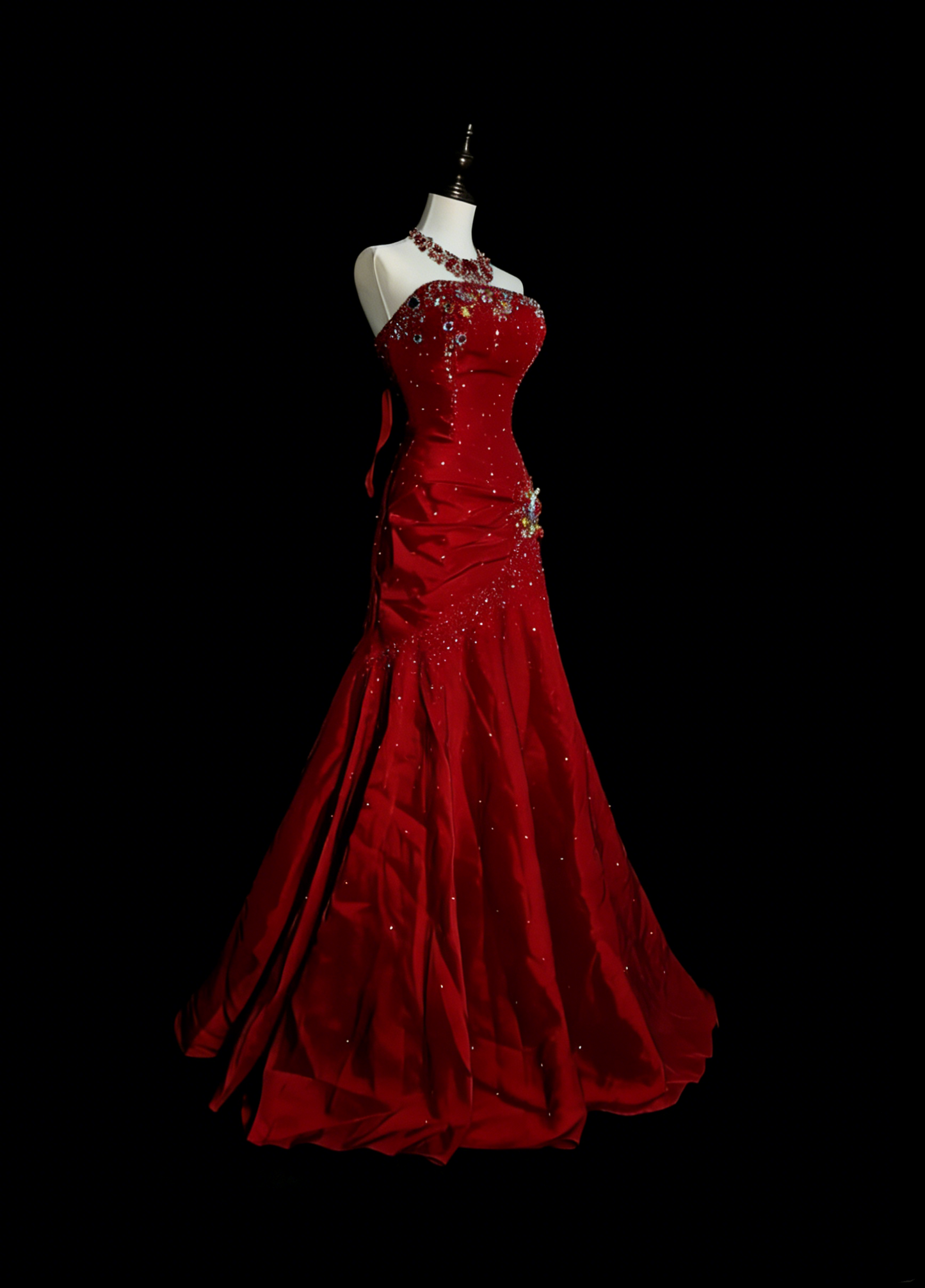 Vintage Mermaid Strapless Red Satin 90s With Beaded Prom Dresses Long Formal Party Gown N1380