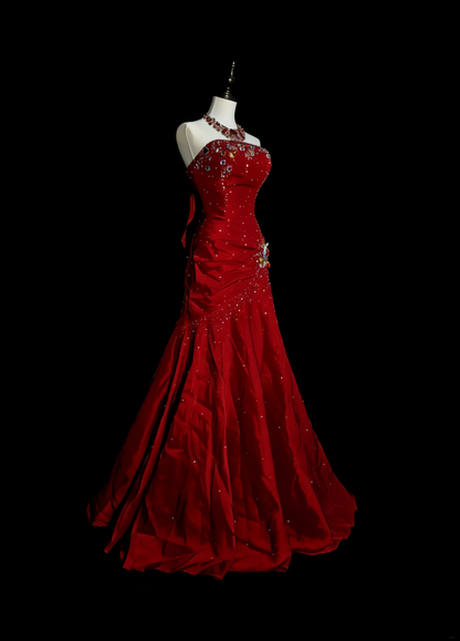 Vintage Mermaid Strapless Red Satin 90s With Beaded Prom Dresses Long Formal Party Gown N1380