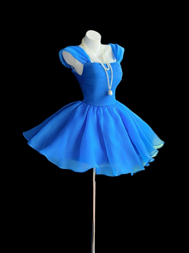 Pretty Ball Gown Square Neck Organza Royal Blue Short Mini Party Homecoming Dresses High School Ideas Inspo 17th Birthday Outfits RB7357