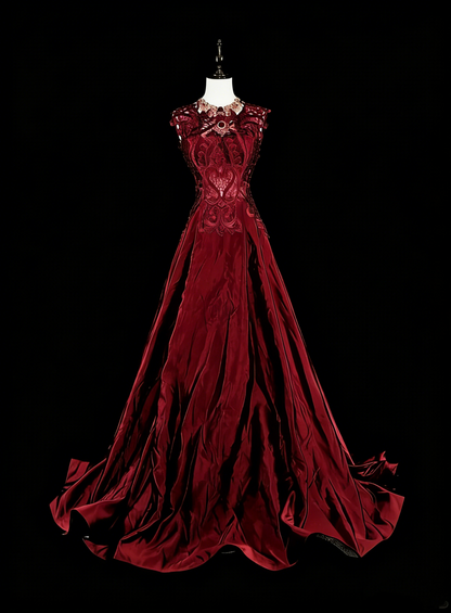 Robe de bal rétro années 70, coupe trapèze, décolleté rond, dentelle bordeaux, sans manches, N1486