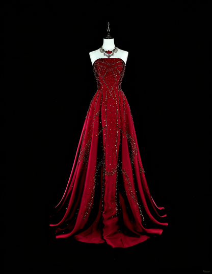 Vintage 1780er Jahre A-Linien-Abendkleid, trägerlos, dunkelrot, ärmellos, mit Perlenstickerei, N1600