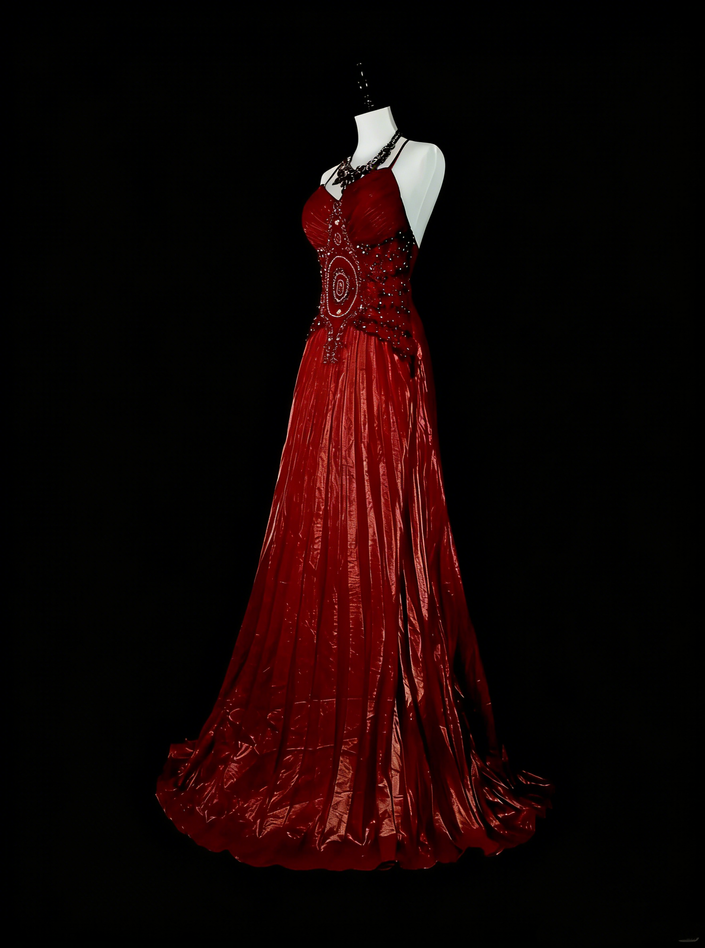 Robes de bal vintage Trapèze Col Haut Bretelles Fines Bordeaux Perlé Années 80 Longue Robe de Soirée N2704