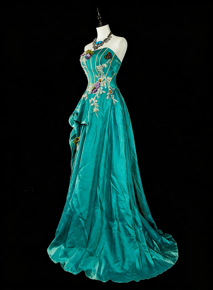 Robe de bal longue vintage années 70, coupe trapèze, sans bretelles, en satin bleu orné d'appliqués, idéale pour les soirées et les fêtes (N1830)