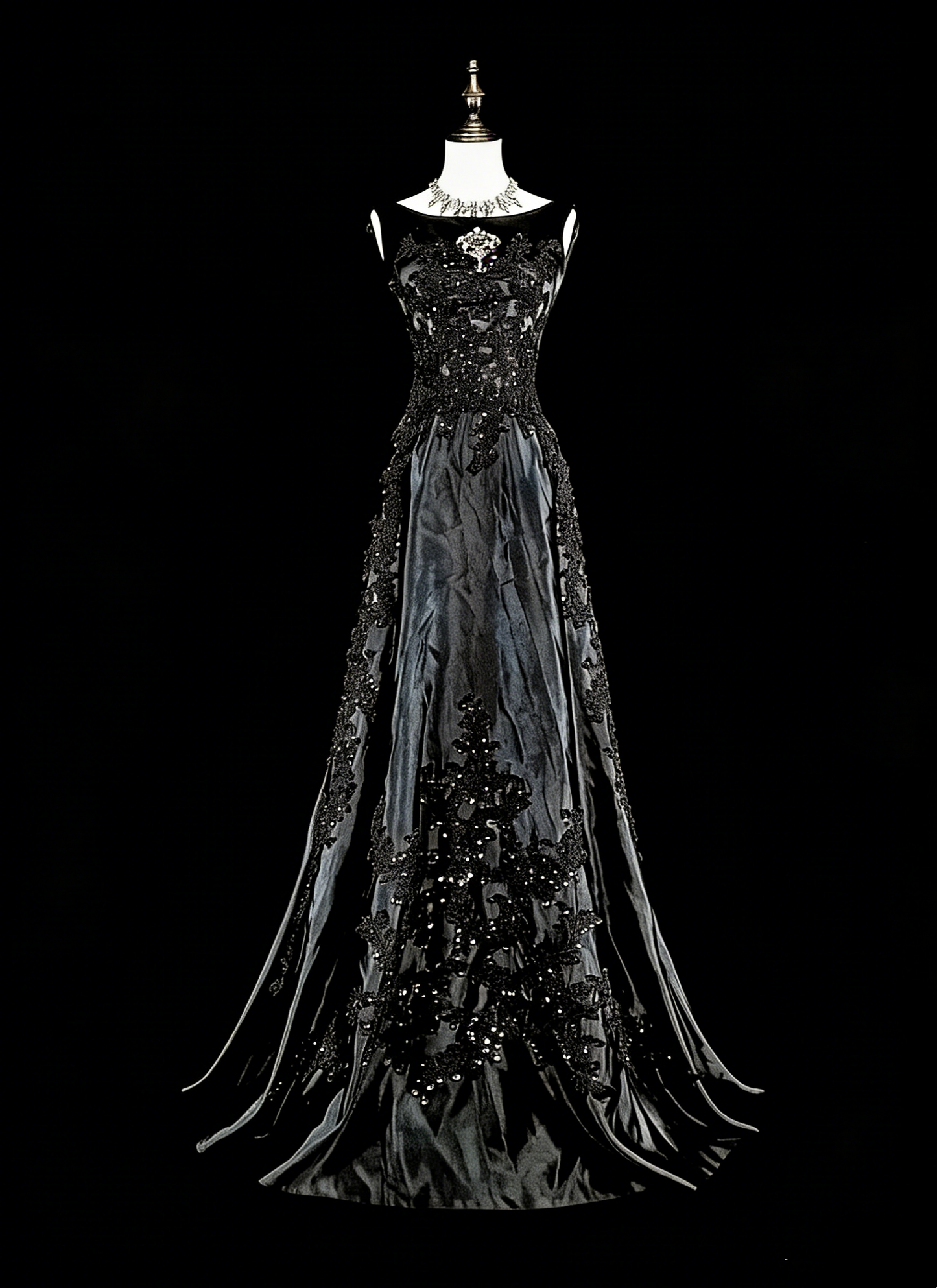 Robes de bal vintage esthétiques en tulle noir coupe trapèze col rond avec applications longue robe de soirée N2158