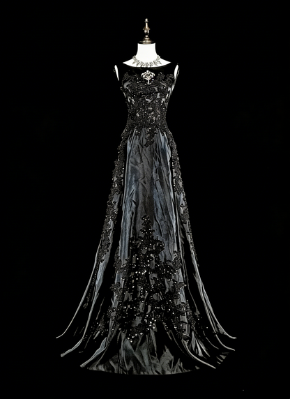Robes de bal vintage esthétiques en tulle noir coupe trapèze col rond avec applications longue robe de soirée N2158
