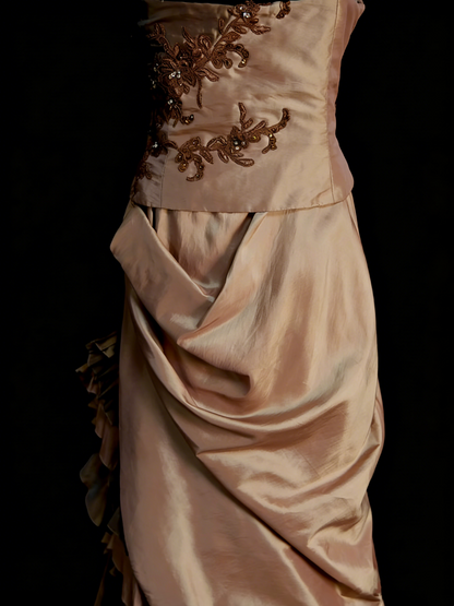 Robe de bal de fin d'année chic, asymétrique, en satin marron avec bretelles spaghetti et perles, modèle N1255