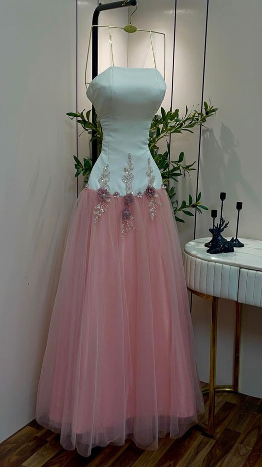 New Women’s Prom Dress A Line Strapless White Tulle Pink Elegant Formal Graduation Party Gown RB9548