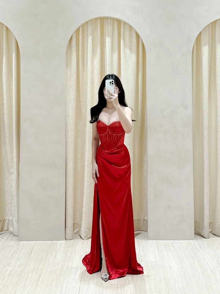 Robe de bal longue fendue en satin rose fuchsia, style sirène, décolleté cœur, AB2191