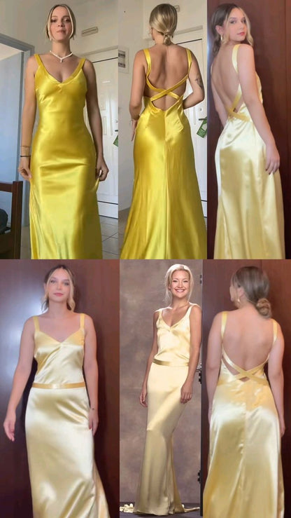 Gelbes Meerjungfrauen-Abendkleid aus gelbem Satin mit V-Ausschnitt und offenem Rücken, langes Abendkleid, Ballkleid, Hochzeitsgastkleid N267
