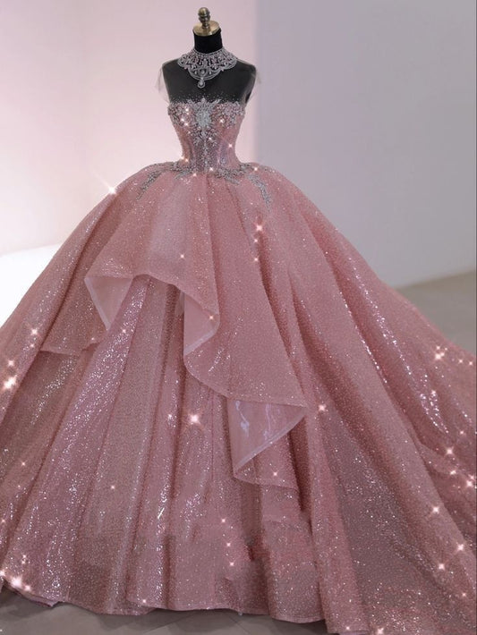 Dreamy pink Princess Ball Gown Wedding & Formal Events Strapless With Beading Quince Dress Quinceanera Dresses Birthday Outfits RB8234