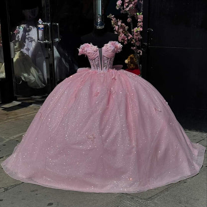 Ball Gown | Elegant Luxury Dress & Chic Fashion Off The Shoulder Pink Quince Dress Tulle Quinceanera Dresses Birthday Outfits RB8239