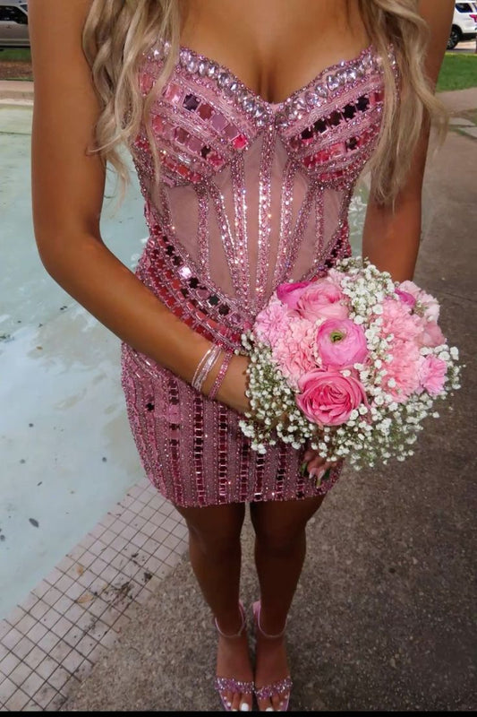 Sparkly Sheath Sweetheart Hot Pink Mini Homecoming Gown inspo Short Hoco Dresses RB6055