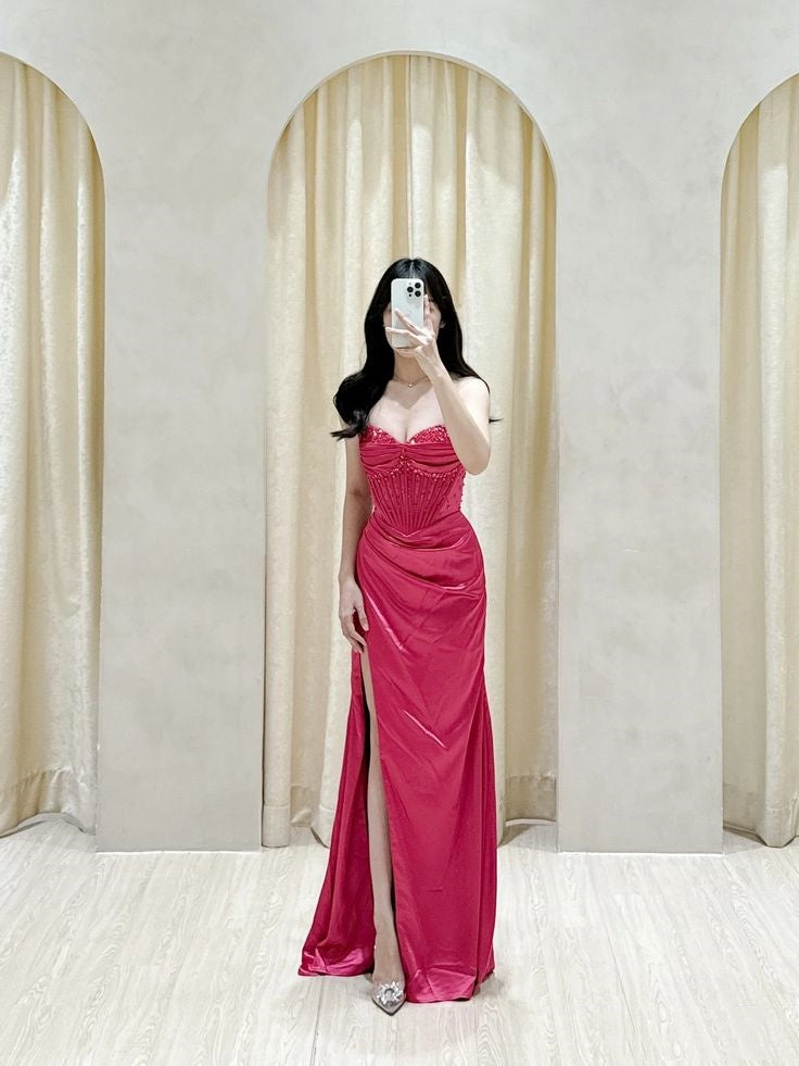 Robe de bal longue fendue en satin rose fuchsia, style sirène, décolleté cœur, AB2191