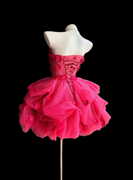 Pretty Ball Gown Strapless Hot Pink With Flowers Short Mini Party Homecoming Dresses High School Ideas Inspo 16th Birthday Outfits RB7356