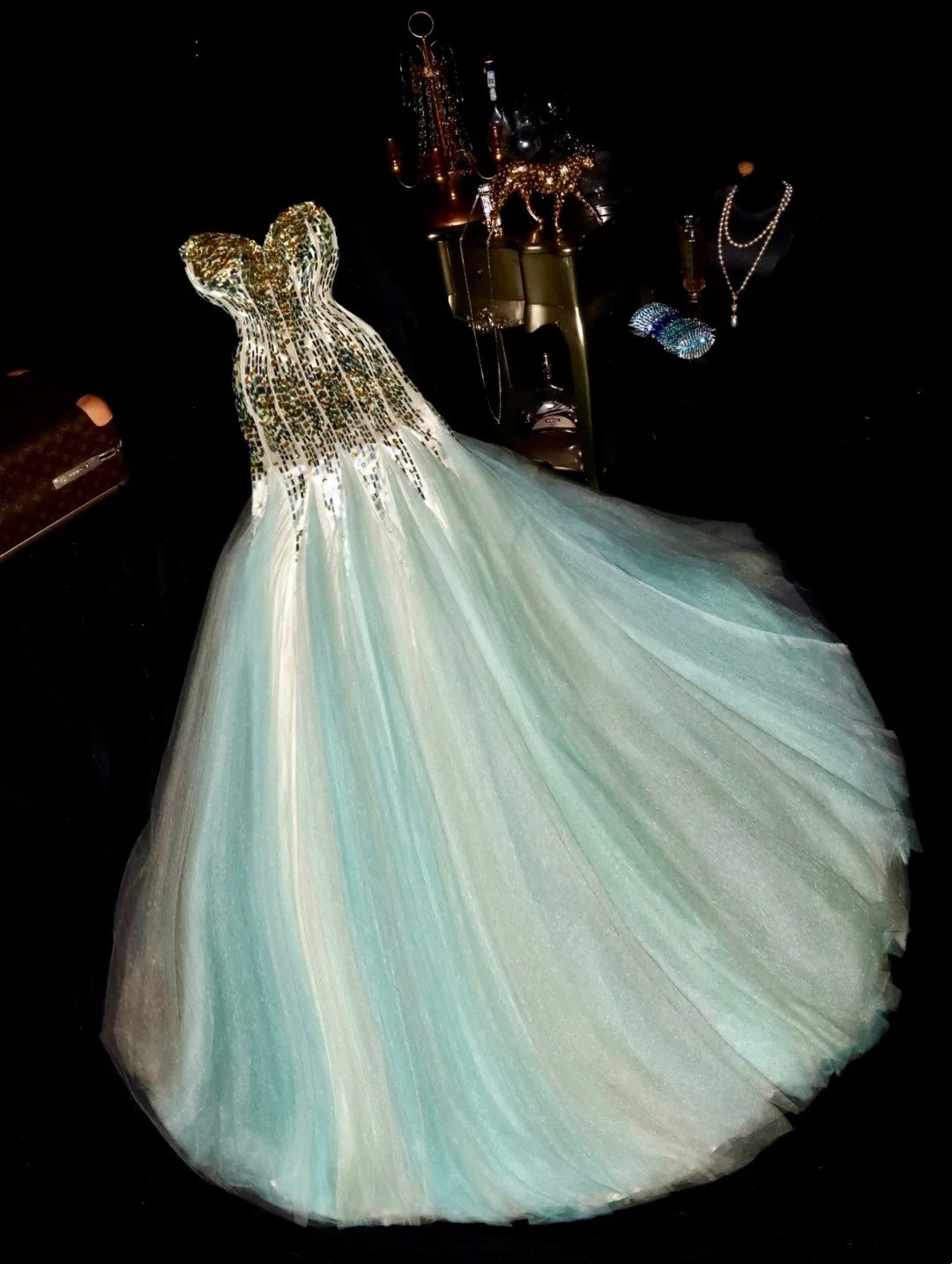 Classy Mermaid Sweetheart Blue Tulle With Gold Beading Long Prom Dresses Formal Outfits Evening Party Dress RB8260