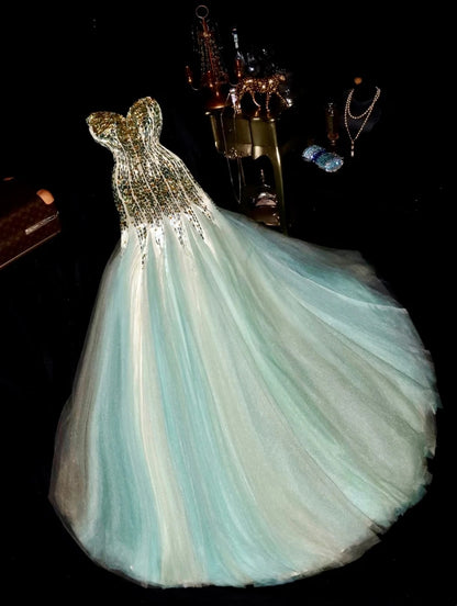 Classy Mermaid Sweetheart Blue Tulle With Gold Beading Long Prom Dresses Formal Outfits Evening Party Dress RB8260