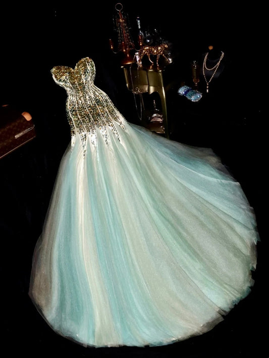 Classy Mermaid Sweetheart Blue Tulle With Gold Beading Long Prom Dresses Formal Outfits Evening Party Dress RB8260