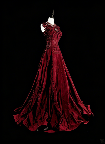 Robe de bal rétro années 70, coupe trapèze, décolleté rond, dentelle bordeaux, sans manches, N1486