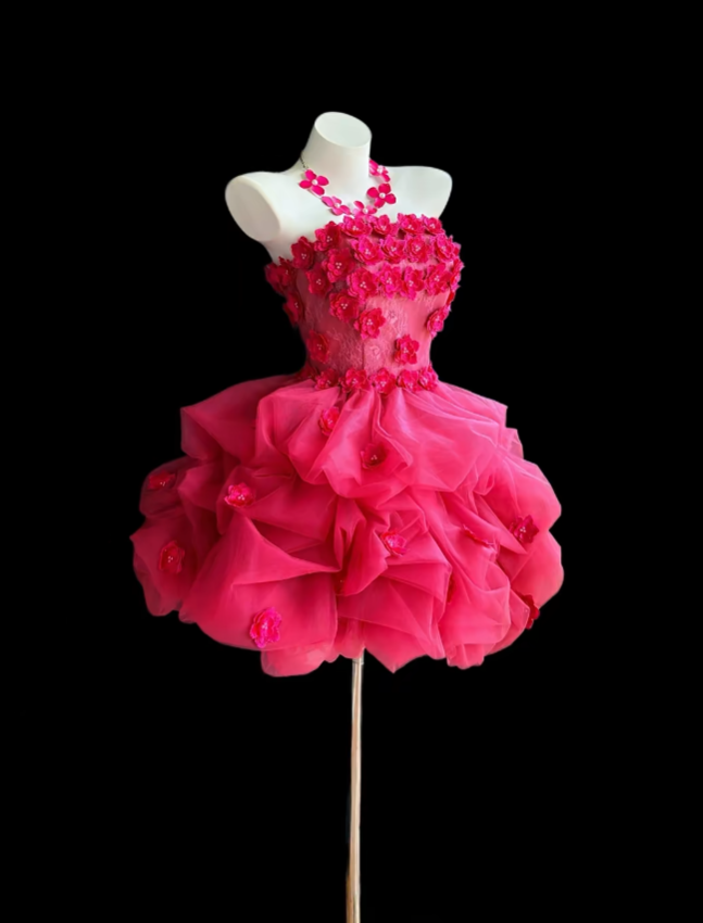 Pretty Ball Gown Strapless Hot Pink With Flowers Short Mini Party Homecoming Dresses High School Ideas Inspo 16th Birthday Outfits RB7356