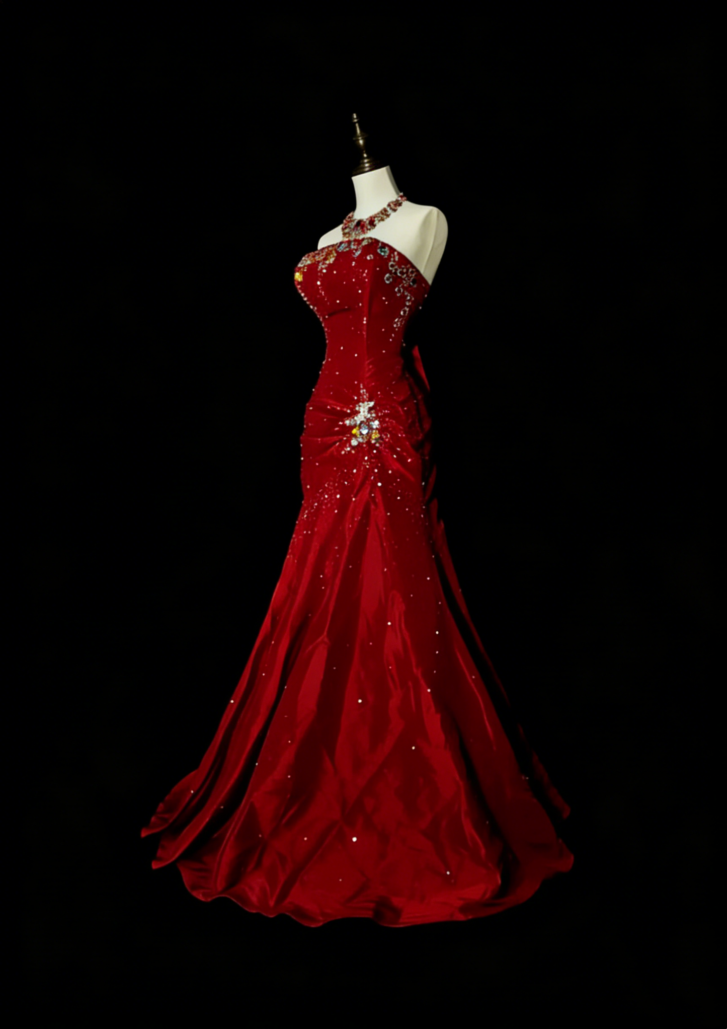 Vintage Mermaid Strapless Red Satin 90s With Beaded Prom Dresses Long Formal Party Gown N1380