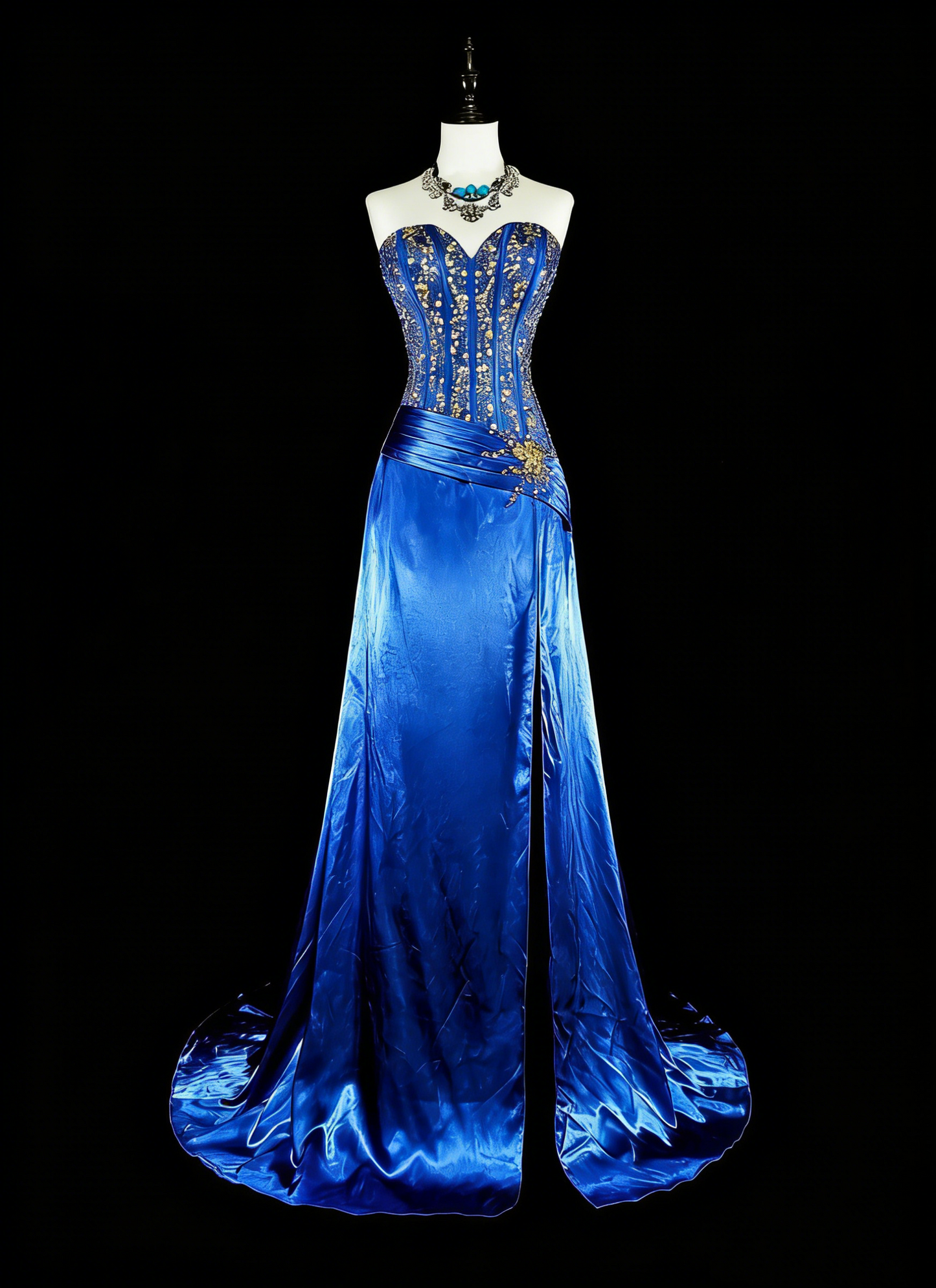 Vintage A-Linien-Abendkleid aus königsblauem Satin im 70er-Jahre-Stil mit Perlenstickerei und herzförmigem Ausschnitt, ideal für festliche Anlässe, Modell N1831