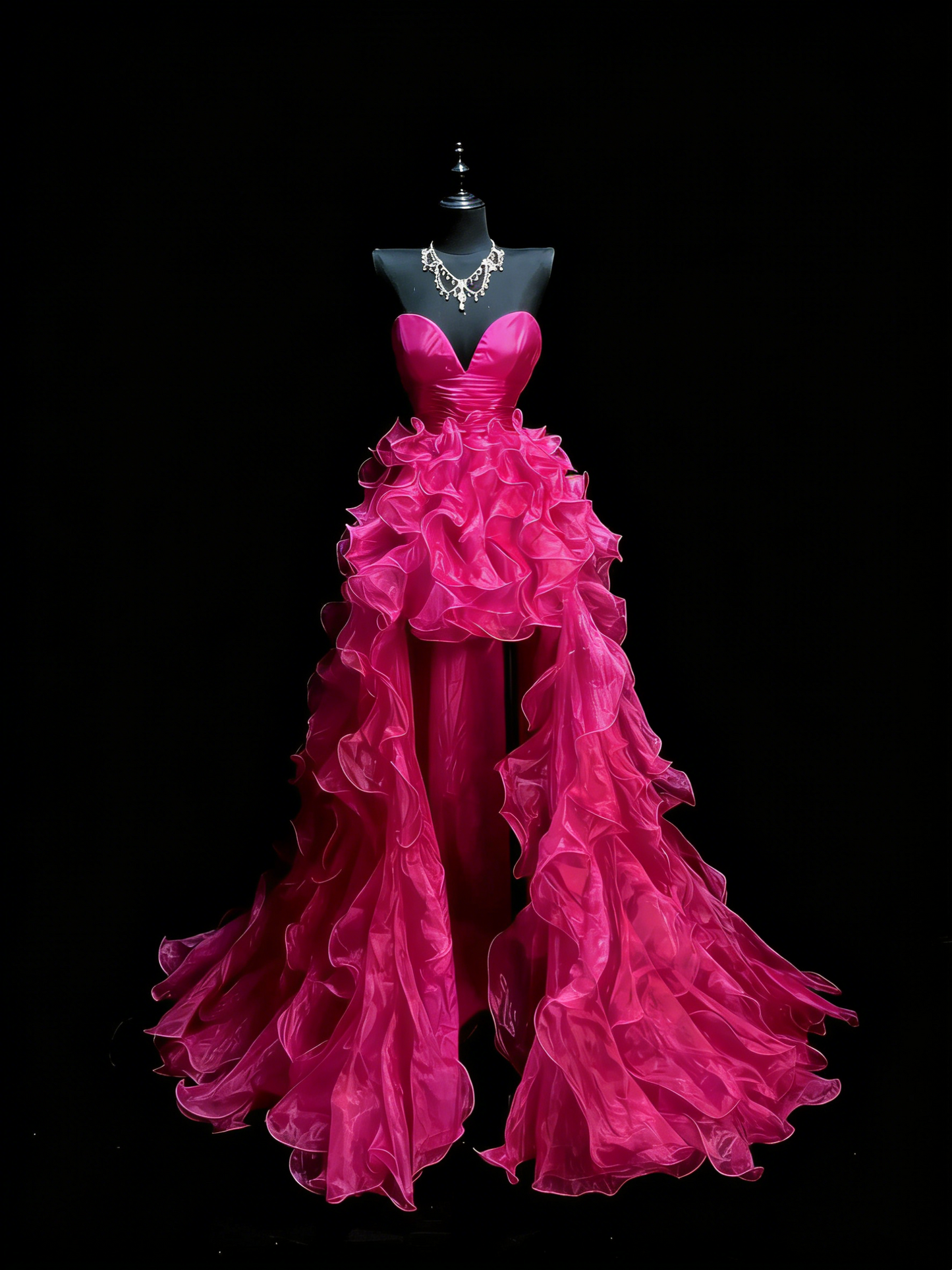 Robe de bal longue élégante en organza rose fuchsia, coupe asymétrique et décolletée, inspiration N1195