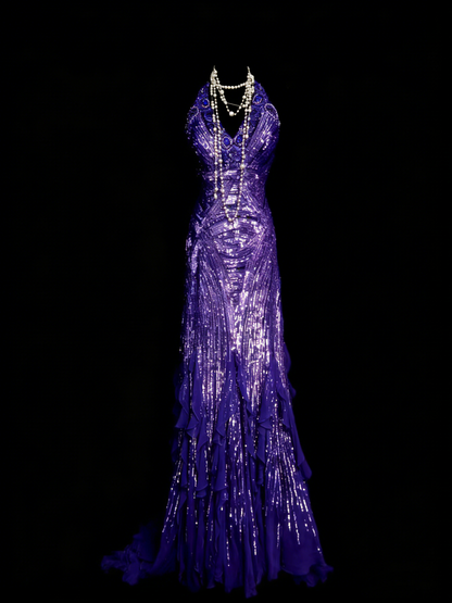 Classy Mermaid Halter Grape Sequin Sleeveless Long Senior Prom dresses High School Formal Dresses N1257
