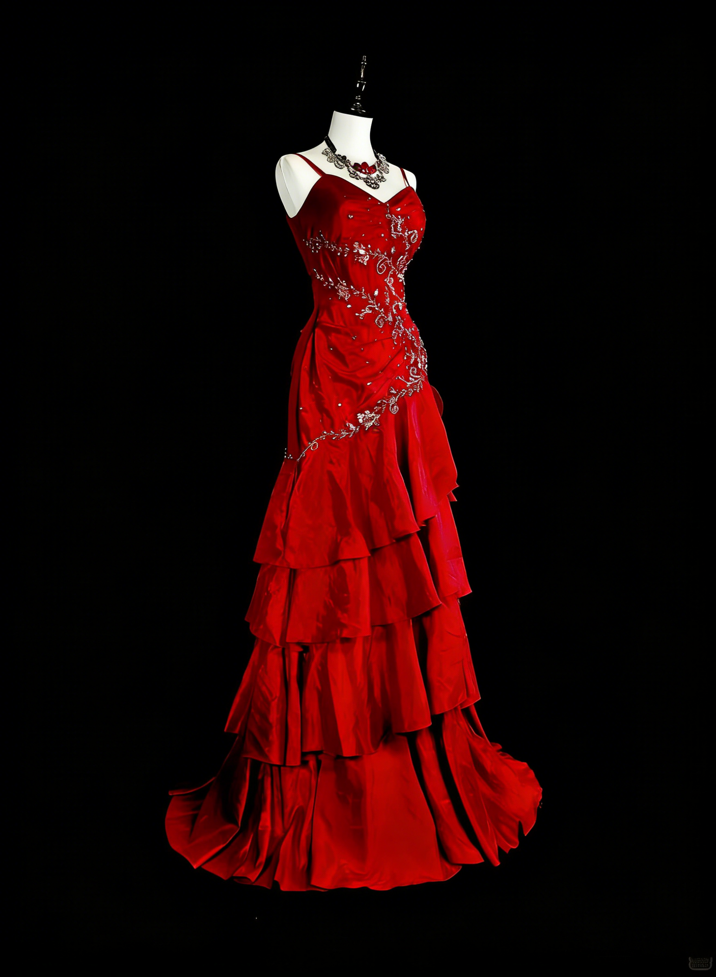 Vintage Meerjungfrauen-Abendkleid aus den 1980er Jahren, rot mit Spaghettiträgern, Applikationen, ärmellos, lang, festlich, N1601