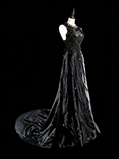 Robes de bal vintage esthétiques en satin noir coupe A avec applications longue robe de soirée N2159