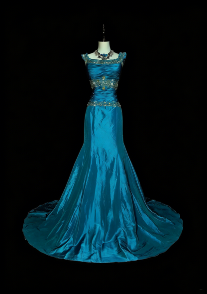 Robe de bal d'été longue bleue vintage à col carré et perles, style sirène, référence N1422
