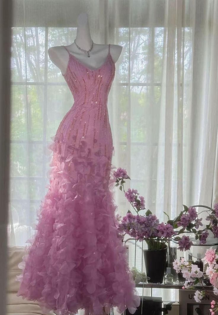 Robe de soirée longue sirène à fines bretelles, rose poudré, en mousseline à volants, pour adolescentes (AB599)