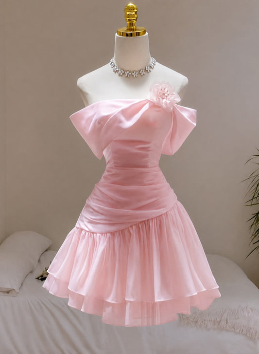 Sweet 16 dress Hoco dress Sheath Off The Shoulder Pink Chiffon Short Mini Homecoming Dresses Inspo Graduation Outfit RB6679
