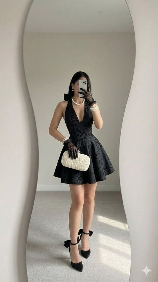 Stylish Ball Gown Halter Little Black Dress Satin Semi-formal 12th Grad Inspo Short Mini Homecoming Dresses RB4551
