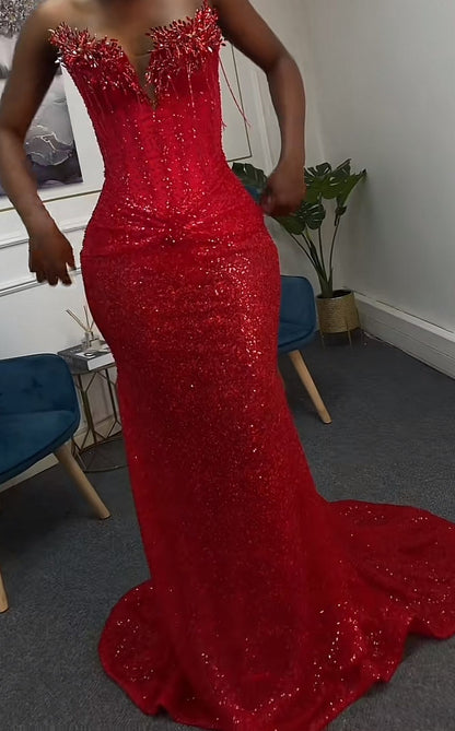 Robe de soirée sirène élégante à sequins et perles, décolleté cœur, idéale pour un bal de promo ou un dîner. Référence AB2082