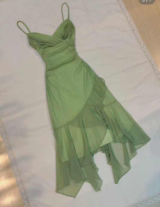 Lovely Sheath Spaghetti Strap Green Chiffon Mid Length Party Dresses Homecoming Dress Cocktail Gown RB8910