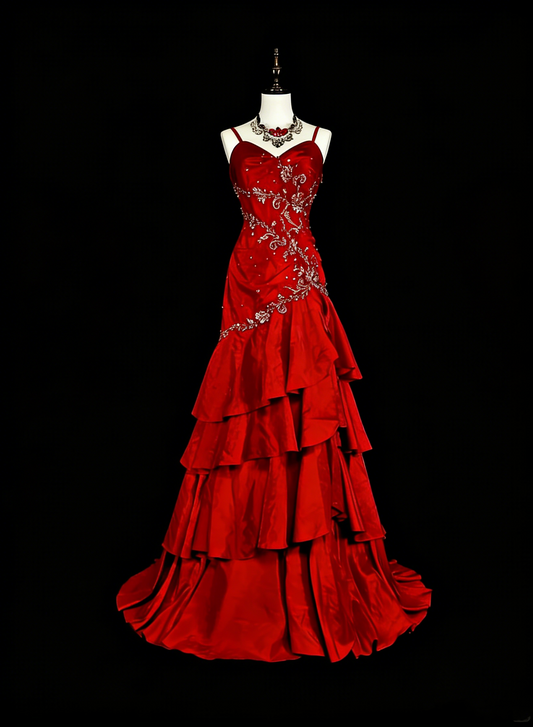 Vintage 1980s Mermaid Spaghetti Straps Red With Appliques Sleeveless Long Prom Formal Dresses N1601